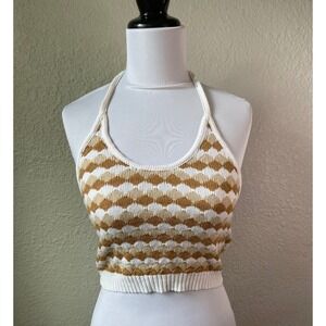 Willow & Wind Halter Top XS Knit Sleeveless Brown White Geometric Pattern